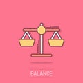 Scale balance icon in comic style. Justice cartoon vector illustration on isolated background. Judgment splash effect business Royalty Free Stock Photo