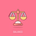 Scale balance icon in comic style. Justice cartoon vector illustration on isolated background. Judgment splash effect business Royalty Free Stock Photo