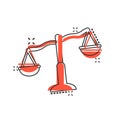 Scale balance icon in comic style. Justice cartoon vector illustration on white isolated background. Judgment splash effect Royalty Free Stock Photo