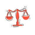 Scale balance icon in comic style. Justice cartoon vector illustration on white isolated background. Judgment splash effect Royalty Free Stock Photo