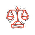 Scale balance icon in comic style. Justice cartoon vector illustration on white isolated background. Judgment splash effect Royalty Free Stock Photo