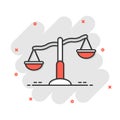 Scale balance icon in comic style. Justice cartoon vector illustration on white isolated background. Judgment splash effect Royalty Free Stock Photo