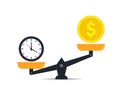 Scale balance of time is money. Value money comparison and time in flat style. Money and time balance on measure scale. Compare