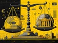 A scale balances technology gears, abstract shapes and justice courthouse, globe, symbolizing the need for a balanced Royalty Free Stock Photo