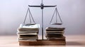 A scale balancing a stack of insurance documents and a stack of cash