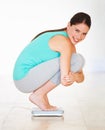 Scale, check and woman lose weight in portrait happiness, diet and measuring body, mass and health. Weighing, bmi and Royalty Free Stock Photo