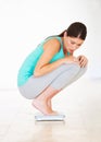 Scale, check and woman lose weight with surprise, diet and measuring body, mass and health. Weighing, scales and person Royalty Free Stock Photo