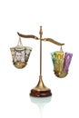 Scale with euro and dollar banknotes Royalty Free Stock Photo