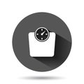 Scale icon in flat style. Balance vector illustration on black round background with long shadow effect. Comparison circle button