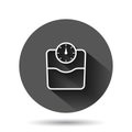 Scale icon in flat style. Balance vector illustration on black round background with long shadow effect. Comparison circle button