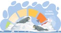 Walruses and polar bird on melting due to rise in temperature ice floe. Indicator of global warming Royalty Free Stock Photo