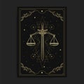 Scale of justice, sword shape in tarot cards, decorated with golden clouds, moon circulation, outer space and many stars