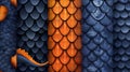 Scale textures of dragons, snakes, and mermaids. Seamless patterns of blue, orange, and black squama on a pirate ship