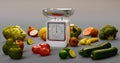 Scale with vegetables and fresh fruits