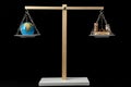 Scale weighing the of Globe Planet Earth and Money on a Two Pan Balance