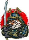 Japanese shiba inu dog in samurai armor and helmet holding katana sword