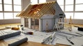Scaled replica house with digital schematics, redesign plans, workshop, physical model house with screens, pencils