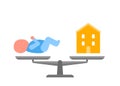 Scales in balance child and house icon. Baby and home sign in comparison, choise. Weights with kid and building. Libra