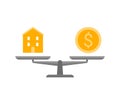 Scales in balance house and gold money icon. Building home and dollar coin sign in comparison, choise. Weights with