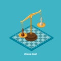 Scales on a chessboard, a duel between chess kings Royalty Free Stock Photo