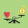 Scales comparison of money and heart. A balance between love of heart and money. Love is more valuable than money. Vector.