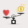 Scales comparison of money and heart. A balance between love of heart and money. Love is more valuable than money. Vector.