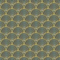 Scales golden wavy seamless pattern. Turquoise textured background for textile, wallpaper, wrapping. Japanese Royalty Free Stock Photo