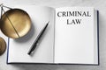 Scales of justice and book on white table, top view. Criminal law concept Royalty Free Stock Photo