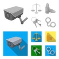 Scales of justice, cartridges, a bunch of keys, handcuffs.Prison set collection icons in monochrome,flat style vector