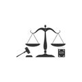 Scales of justice, gavel and book icon isolated. Symbol of law and justice. Concept law. Legal law and auction symbol