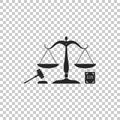 Scales of justice, gavel and book icon isolated on transparent background. Symbol of law and justice. Concept law. Legal