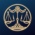 Scales of justice gold icon on dark blue background. Vector illustration Generative AI