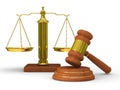 Scales justice and hammer on white background Royalty Free Stock Photo