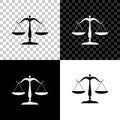 Scales of justice icon isolated on black, white and transparent background. Court of law symbol. Balance scale sign