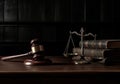 Scales of justice and judge's gavel in courtroom. Crime and Punishment. AI generated.