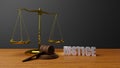 Scales of justice Law scales and hammer law Wooden judge gavel  HAMMER AND BASE 3D render with message justice Royalty Free Stock Photo