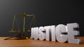 Scales of justice Law scales and hammer law Wooden judge gavel  HAMMER AND BASE 3D render with message justice Royalty Free Stock Photo