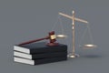 Scales of justice near gavel and stack of books. Legal law concept. Punishment and responsibility Royalty Free Stock Photo