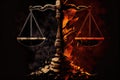 scales of justice, with one side rising and the other falling, symbolizing shifting balance between right and wrong