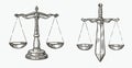 Scales of justice sketch. Jurisdiction, equity symbol vector illustration