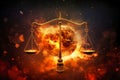 The scales of justice symbol in front of a bright, fiery sun, representing fairness and balance in a legal context