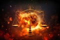 The scales of justice symbol in front of a bright, fiery sun, representing fairness and balance in a legal context Royalty Free Stock Photo