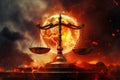 The scales of justice symbol in front of a bright, fiery sun, representing fairness and balance in a legal context Royalty Free Stock Photo