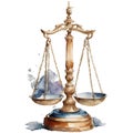 Scales of justice. Watercolor illustration. Law Concept Of Judiciary, Jurisprudence And Justice