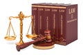 Scales of Justice with Wooden Gavel and Law Books, 3D rendering Royalty Free Stock Photo