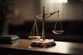 Scales of justice on a wooden table. The concept of the law of the judiciary, jurisprudence and justice. Blurred background.