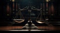 Scales of justice on a wooden table in a courtroom or law enforcement office Generative AI