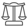 Scales line icon. Judgment balance, justice scale. Jurisprudence vector design concept, outline style pictogram on white