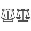 Scales line and solid icon. Judgment balance, justice scale. Jurisprudence vector design concept, outline style