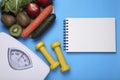 Scales, notebook, fresh fruits and vegetables on light blue background, flat lay. Low glycemic index diet Royalty Free Stock Photo